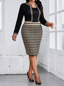 SHEIN Lady Plus Size Fashion Commuter Print Patchwork Dress - Multicolor - View 5