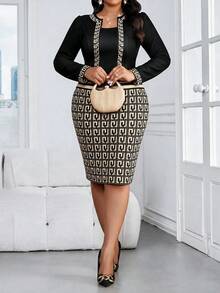SHEIN Lady Plus Size Fashion Commuter Print Patchwork Dress - Multicolor - View 6