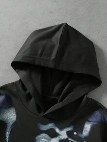 ROMWE MEN 男士人像抽象熱成像印花連帽衛衣 - 黑色 - 查看 6