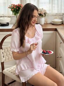 Snug Reverie Conjunto de pijama de shorts con volantes románticos de unicolor para mujer - Rosa Pálido - Ver 5