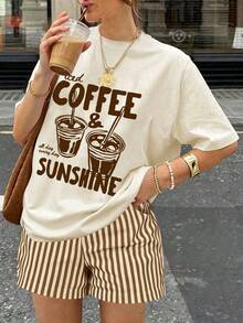 SHEIN LUNE 夏季咖啡字母印花T恤與條紋短褲女款兩件套 - 咖啡棕 - 查看 4