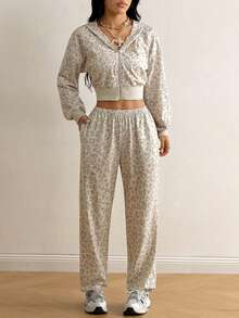 SHEIN EZwear 豹紋針織女款長袖拉鍊連帽衛衣與長褲兩件套 - 彩色 - 查看 4
