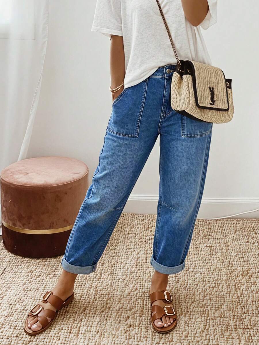 EMERY ROSE Women's Loose Tapered Casual Versatile Denim Jeans With Pockets - Blue - View 1