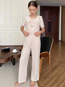 DAZY Tween Girls V-Neck Bow Decor Frill Trim Design Top And Straight Leg Pants 2 Pieces Set Loungewear - Apricot - View 9