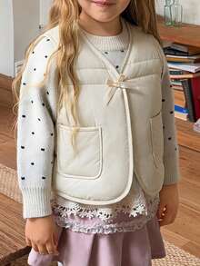 Hapijoa Young Girl Bow Decor Casual Daily Winter Cotton Padded Vest - Yellow - View 7