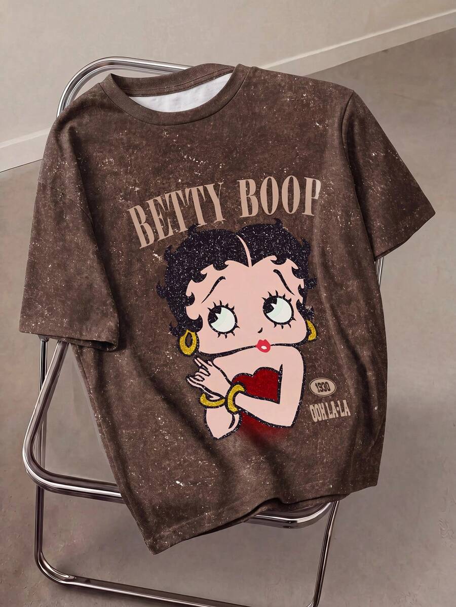 Betty Boop x SHEIN 大码女式休闲时尚街头风日常通勤卡通字母印花水洗宽松短袖T恤 - 白色 - 查看 1