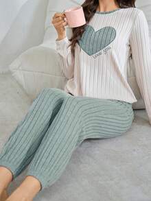 SHEIN 秋冬薄刷毛甜美刺繡愛心居家服 2 件套 - 淺藍色 - 查看 5