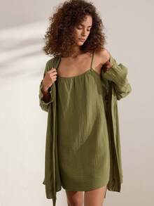 Ocili Comfortable Pure Cotton Soft Mesh Double Layer Robe Women's Loungewear Long Robe With Frill Trim - Dark Green - View 2