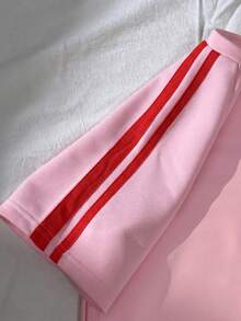 SHEIN Elladie kids 女童大童運動風粉色與深綠色拼接短袖T恤短褲套裝，夏季寬鬆修身設計，輕量面料，適合日常穿著、休閒運動或搭配穿搭 - 粉色 - 查看 3