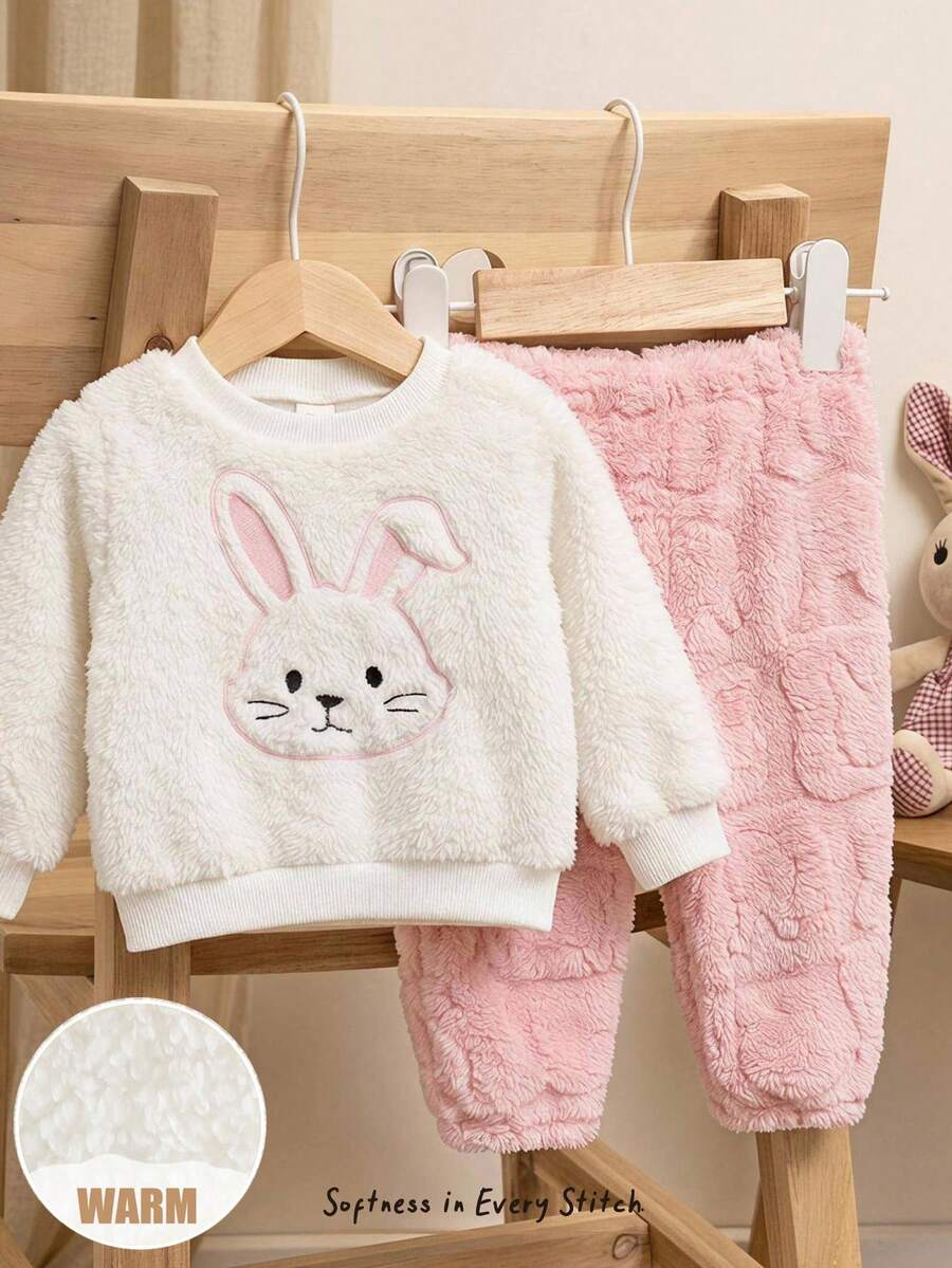 Cozy Pixies Baby Girl Cartoon Rabbit Embroidered Pattern Plush Soft Round Neck Long Sleeve Pullover Sweatshirt Elastic Waist Textured Cartoon Pattern Letter Graphic Plush Long Pants 2-Piece Set - Pink - View 1