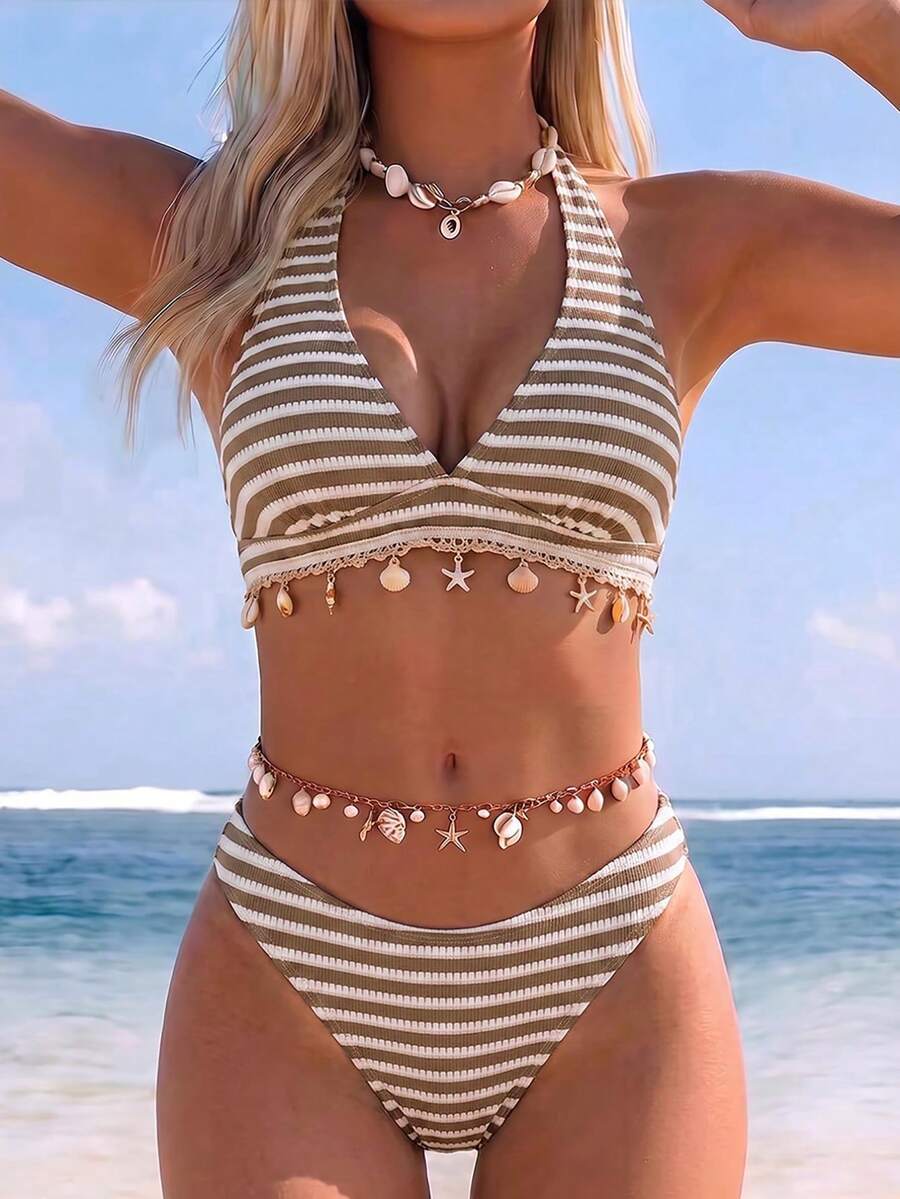 SHEIN Holidaya Set Bikini Dua Potong Wanita Motif Garis Hitam Putih Gaya Boho Tropis Musim Semi/Panas untuk Liburan, Pesta Kolam Renang, dan Pantai - MultiWarna - View 1