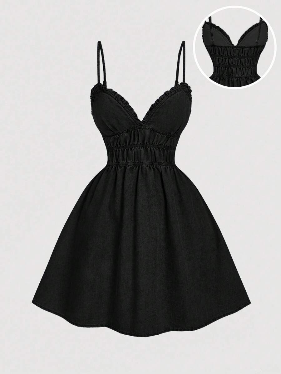 SHEIN MOD 女款性感法式百褶收腰細肩帶牛仔洋裝 - 黑色 - 查看 1
