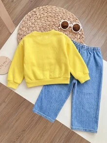 SHEIN 2pcs Baby Girl Floral Pattern Knit Soft Crew Neck Long Sleeve Sweatshirt And Long Autumn Pants Set - Yellow - View 2