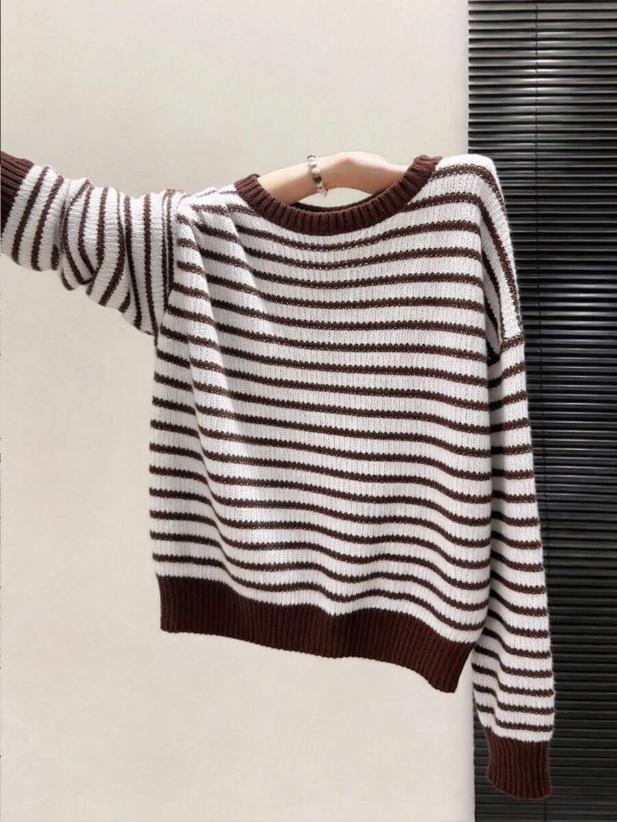 SHEIN Teen Girls Casual Striped Knit Sweater, Simple & Fashionable, Suitable For Daily Wear, Autumn, Winter - Navy Blue - View 1
