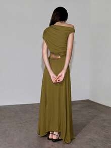 MOTF PREMIUM GAUN SATU BAHU BERLUBANG DENGAN PINGGANG YANG MENYEMPITKAN UNTUK MUSIM SEMI DAN PANAS - Olive Green - View 2