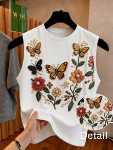 Selianne 女款休閒浪漫優雅仿刺繡串珠蝴蝶花卉印花圓領背心上衣 夏季日常穿搭 舒適早午餐 白色花卉 - 白色 - 查看 5