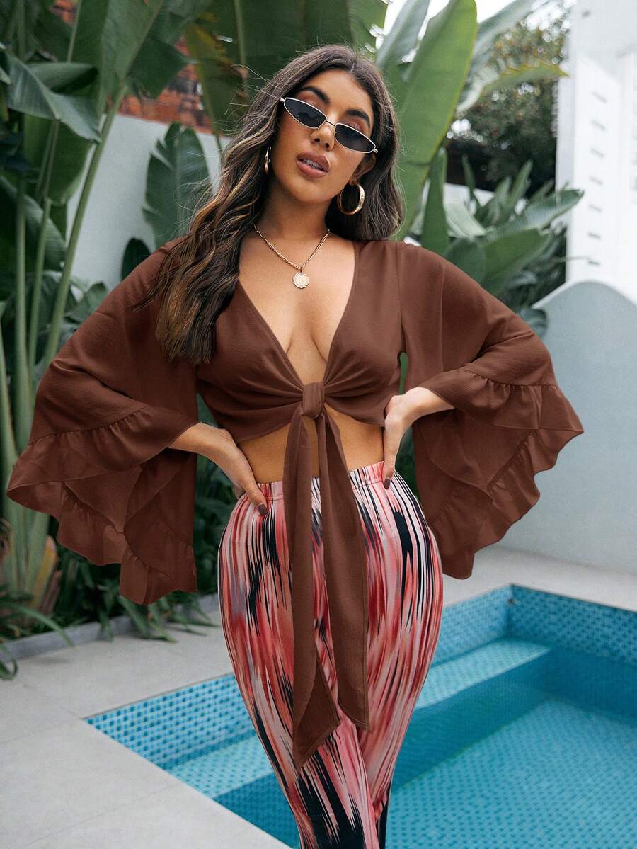 SHEIN VCAY Women's Solid Color Deep V-Neck Front Knot Bell Sleeve Cropped Top For Vacation - Brown - View 1