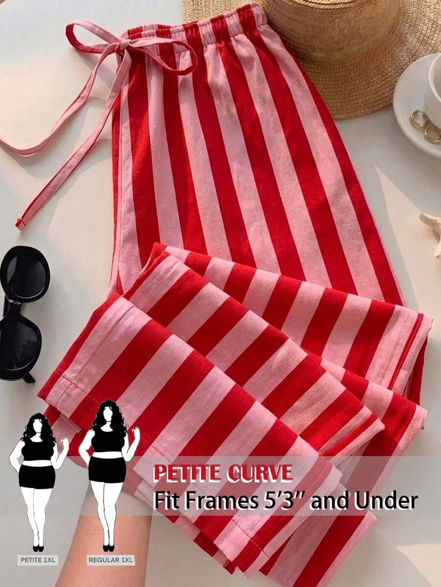 SHEIN PETITE CURVE 大尺碼女款條紋寬腿褲附腰部綁帶 - 彩色 - 查看 1