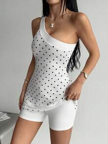 Dewbera Dewbera Women's Polka Dot One Shoulder Casual Daily Outing Sports Dress - White - View 7
