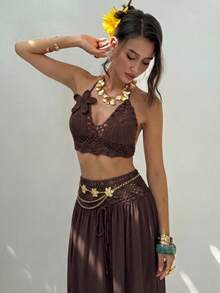 Aloruh Women's 3D Floral Decor Halter Top And Skirt Knit Two Pieces Set - Coffee Brown - View 4