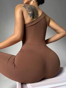 Easithlete Easithlete Women's Solid Color One Shoulder Daily Fitness Sports Jumpsuit - Brown - View 6