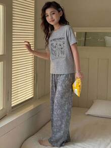 DAZY 少女花卉印花T恤與長褲居家休閒套裝 - 藍色 - 查看 5