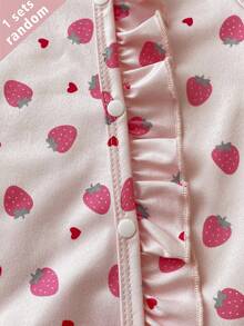 SHEIN Vintaside Kids 3套隨機發送1套，2件裝新生女嬰居家服，可愛草莓愛心櫻花印花女嬰荷葉邊長袖連身連腳褲附髮帶 - 粉色 - 查看 6