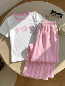 Comfortcana Setelan Kasual Liburan 2 Potong: Kaos Leher Bulat Warna Pink Motif Kerang dan Celana Panjang Garis Vertikal Asimetris, Pakaian Rumahan Cocok untuk Musim Semi dan Musim Panas - MultiWarna - View 3