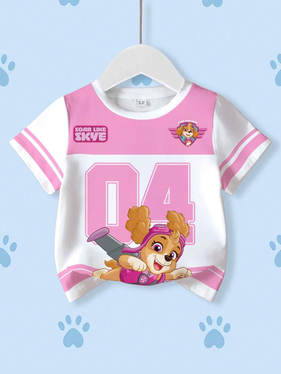 SHEIN | PAW Patrol 年轻女孩休闲拼色狗印花圆领短袖T恤,夏季 - 白色 - 查看 1