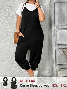 SHEIN CURVE+ Women's Plus Size Strappy Jumpsuit Suitable For City Commute Brunch Outfits Fall Vacation Funeral Black Casual Cargo Baggy Soft Form White - Black - View 1