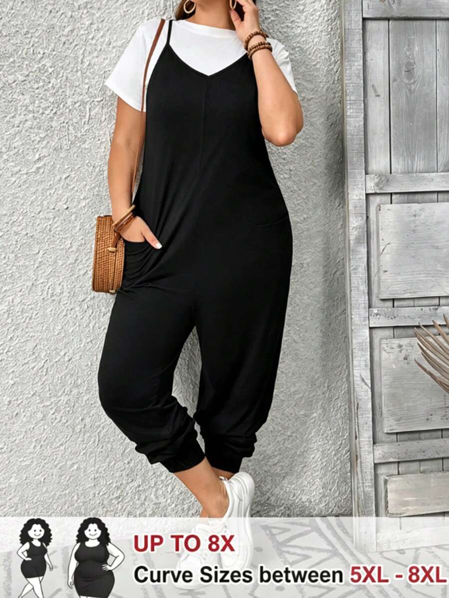 SHEIN CURVE+ Women's Plus Size Strappy Jumpsuit Suitable For City Commute Brunch Outfits Fall Vacation Funeral Black Casual Cargo Baggy Soft Form White - Black - View 1