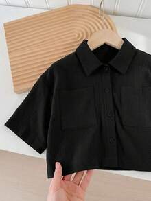 SHEIN LMoss Kids LMoss 女童編織素色寬鬆短版休閒襯衫 - 黑色 - 查看 4