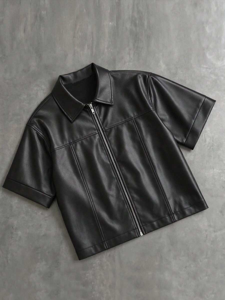 STYNVO Men's Summer Fashion Short Sleeve PU Shirt - Black - View 1