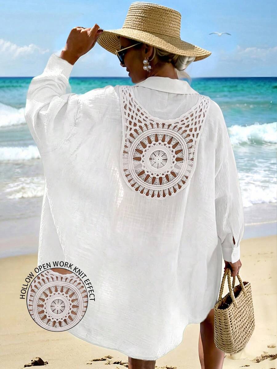 Breezaya 2026 女款性感刺繡鏤空寬鬆海灘度假外套 - 白色 - 查看 1