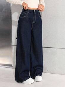 SHEIN 少女海军蓝宽松阔腿牛仔裤 - 黑色 - 查看 7