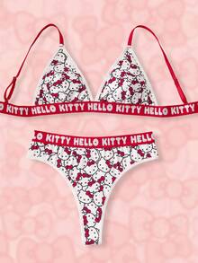 HELLO KITTY AND FRIENDS | SHEIN 女士可爱卡通猫咪印花字母文胸和内裤套装 - 紅白色 - 查看 1