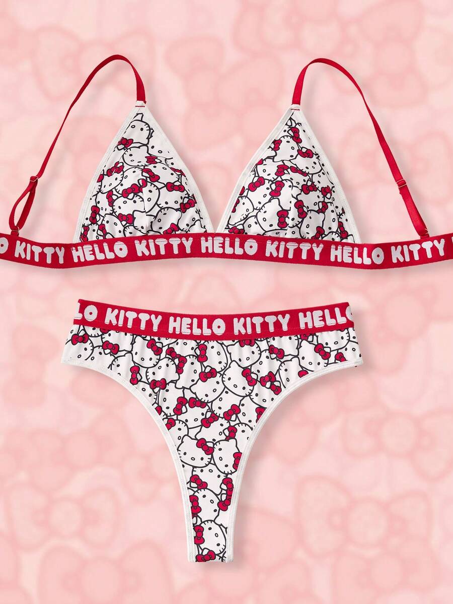 HELLO KITTY AND FRIENDS | SHEIN 女士可爱卡通猫咪印花字母文胸和内裤套装 - 紅白色 - 查看 1