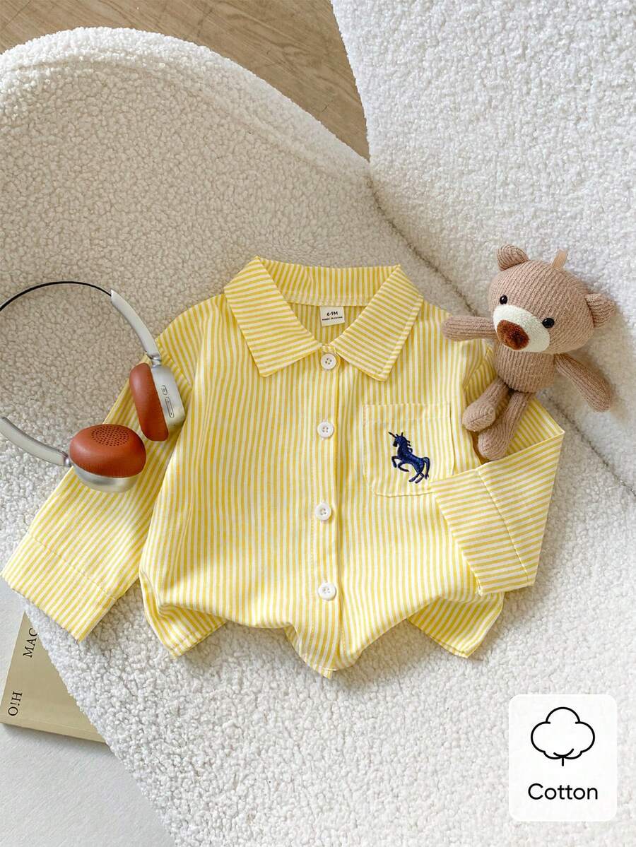 SHEIN Playful Pals 女嬰休閒格紋韓風清新可愛長袖上衣,適合春、秋、冬,外出百搭 - 黃色 - 查看 1