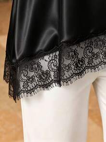 Juhart Plus Size Lace Women's Brown Satin Stretchy Fabric Comfortable Asymmetric Hemline - Black - View 7