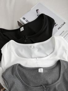 Teen Girls Casual Versatile Autumn/Winter Striped Large Scoop Neck Button-Front Long Sleeve T-Shirt - Multicolor - View 6