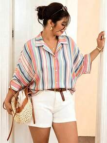 SHEIN Frenchy Camisa de talla grande versátil de moda a rayas con un solo pecho para uso diario en otoño - Multicolor - Ver 4