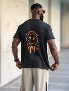 thenoahjr thenoahjr Men's Casual Lightweight Smiling Face Print Round Neck Short Sleeve T-Shirt, Summer - Black - View 2