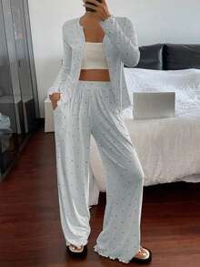 DAZY 2pcs Polka Dot Print Cardigan & Pants Set, Women Spring Sleepwear Outfit Pajamas - Baby Blue - View 5