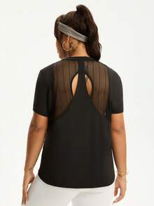 Rhythm Era Plus Size Women Sports Yoga Basic Mesh Patchwork Racerback Short Sleeve T-Shirt Open Back Shirt  Black Tops For Women - Black - View 4