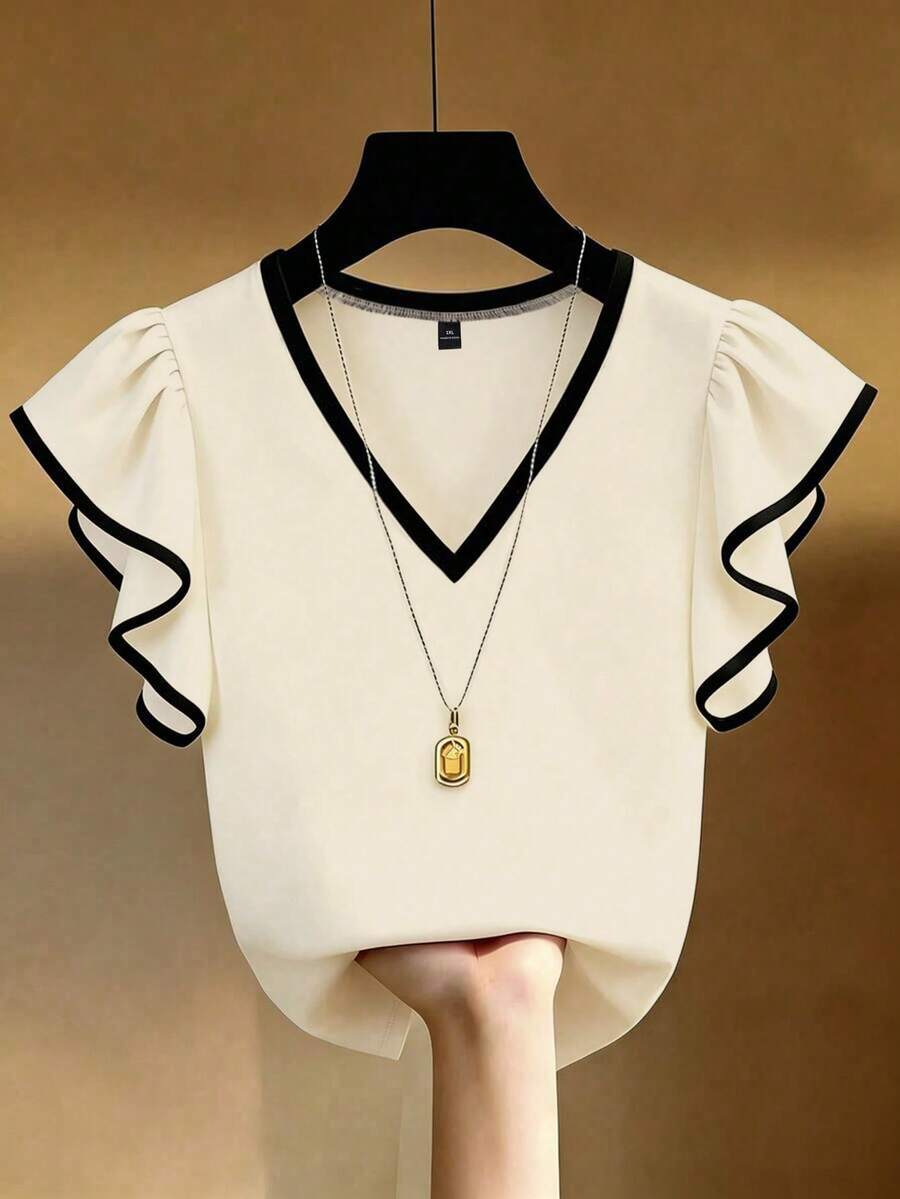 EMERY ROSE Plus Size French Elegant V-Neck Contrast Ruffle Trim Short Sleeve T-Shirt - Multicolor - View 1