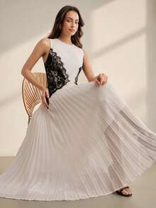 Anewsta Women's New Elegant Round Neck Sleeveless Contrast Lace Sundress, Slimming Design Suitable For Wedding, Party Dinner Bar Events White And Black Summer - White - View 3