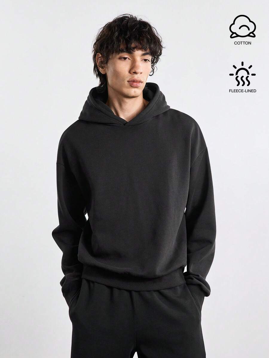 Merionis Men's Loose Casual Minimalist All-Cotton Black Short Hoodie, High-Quality Store Style - Black - View 1