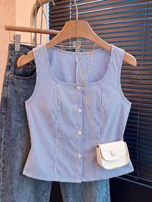 Teen Girls Casual Commute Fashion Elegant Square Neck Sleeveless Button Front Striped Pattern Versatile Spring Summer Blouse Shirt - Blue - View 3