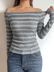 SHEIN BASICS 女款條紋露肩長袖休閒T恤 - 黑與白 - 查看 6
