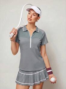 Activina 女款拉鍊設計插肩袖短袖休閒健身運動 Polo 衫 - 灰色 - 查看 4